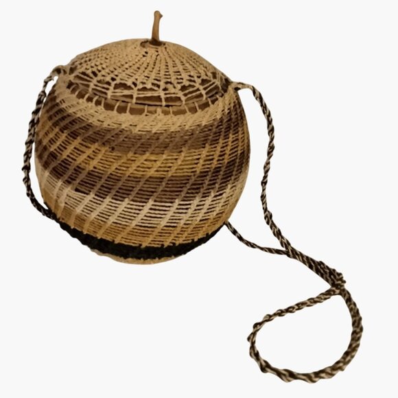 Folk Art Handbags - Handwoven Coconut Shell Crossbody Purse Lid Shoulder Strap Boho Unique Natural